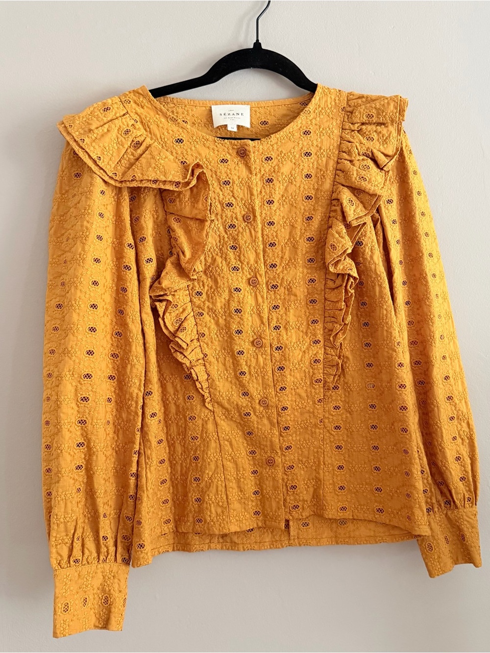 Sezane Paris Mustard Ruffle Eyelet Blouse - Women's Top